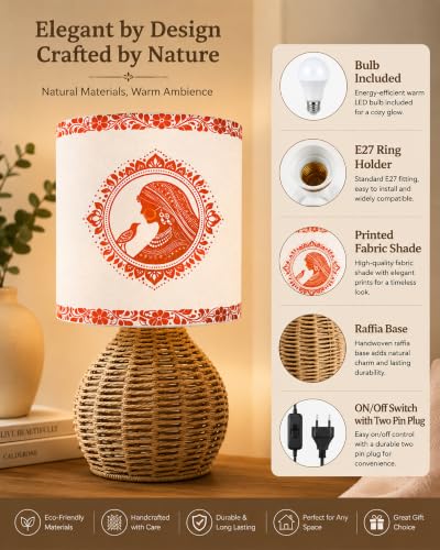 Image of Homesake Handwoven Rattan Table Lamp with Aipan Art Printed Fabric Shade, Decorative Raffia Cane Bedside Lamp, Boho Table Lamp with E27 Holder & Bulb Included, Living Room, Bedroom & Home Decor