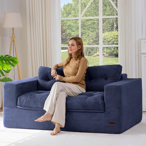 Image of MAXYOYO 63 inch Loveseat Sofa Couch for Small Spaces, Upholstered Boneless Cloud Couch for Apartment Bedroom, 2-Seater Love Seat Floor Modern Sofa with Pillows, No Assembly Required, Navy
