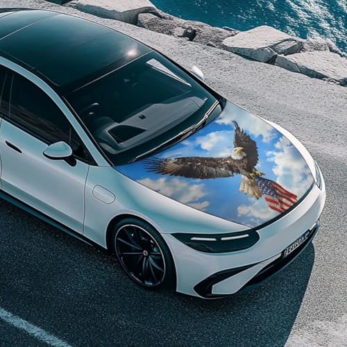 Image of Car Hood Cover Protector Waterproof Stretchable Car Hood Wrap Blanket Auto Patriotic Decorations Automotive Exterior Accessories (American Flag Bald Eagle Design)