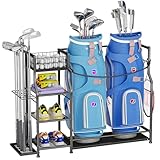 Golf Bag Storage Organizer for Golf Accessories, Golf Bag Stand with Extra Storage Rack for Golf Clubs & Golf Essentials, Golf Bag Holder for Garage Organization Fits 2 Bags, Metal & Wood Construction