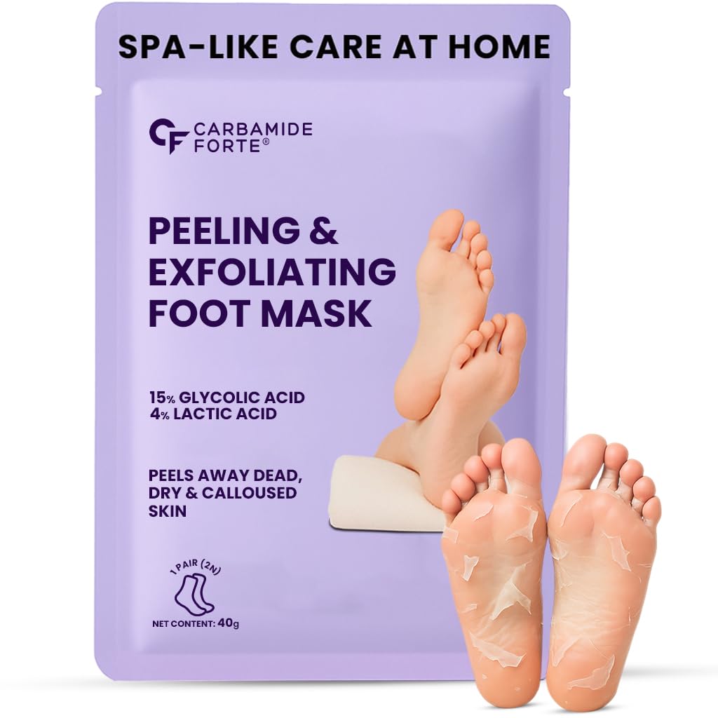 Carbamide Forte Peeling & Exfoliating Foot Peel off Mask for Dry & Calloused Feet | Foot peeling mask With 15% Glycolic Acid, 4% Lactic Acid & Aloe Vera | Helps Remove Dead Skin, Soften Cracked Heels & Calluses | 1 Pair (40g)