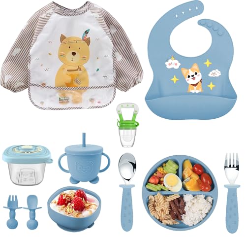Vajilla de Bebé Silicona, 10 piezas Juegos de vajilla infantil, Cubiertos con plato ventosa, Plato Bebe Ventosa,Tenedor con mango de madera, bebe de silicona, Babero Set vajilla silicona bebe