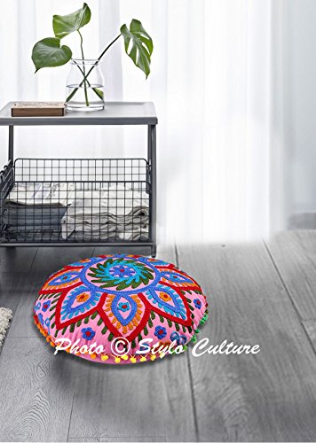 Stylo Culture Ethnic Kids Floor Pillow Traditional Embroidered Suzani Cushion Cover Pink Small 18X18 Decorative Round Decor Seating Tuffet Seat Pouf Cover Footstool Cotton Floral 1 Pc #TOP1