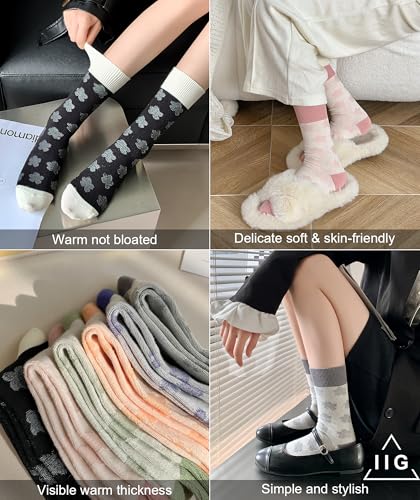 Image of IIG 3-5 Pairs Womens Vintage Cozy Crew Socks Soft Cute Neutral Cotton Socks Exquisite Patterns Socks Gift