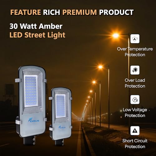 Image of Forus 30W LED Street Light with Clamp, IP66 Waterproof Outdoor LED Street Light, High Lumen 3600lm Amber, Aluminium Body for Road, Parking Lot, Garden & Industrial Outdoor Lighting (1 Pc)