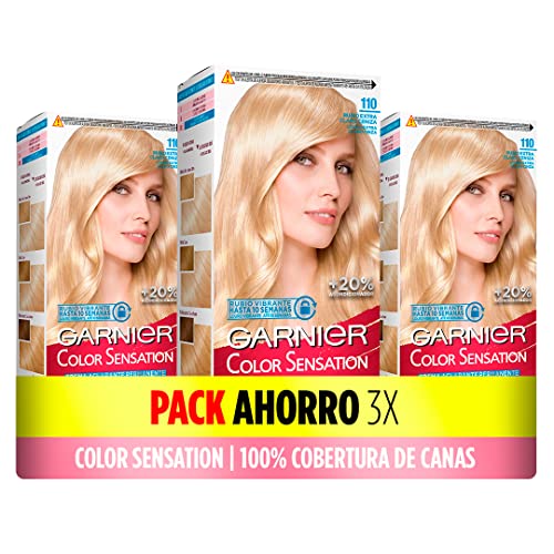 Garnier Pack de 3 Cajas Coloración Color Sensation Garnier: Vivo y Duradero, Cobertura Completa Canas, Aplicación con Bol Pincel, Cabello Suave Sedoso, 110 Rubio Claro Ceniza