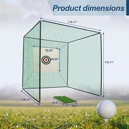Golf Driving Cage,10 x 10 x 10FT Golf Cage Net Includes Metal Frame,Net,Stability Rope Target Cloth and Swing Mat,for Driving and Hitting Practice Backyard Indoor/Outdoor
