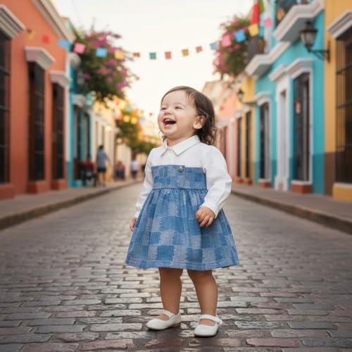 Image of Pure Cotton Baby Girl Denim Frock with attached White shirt | Soft, Elegant & Perfect for Every Occasion