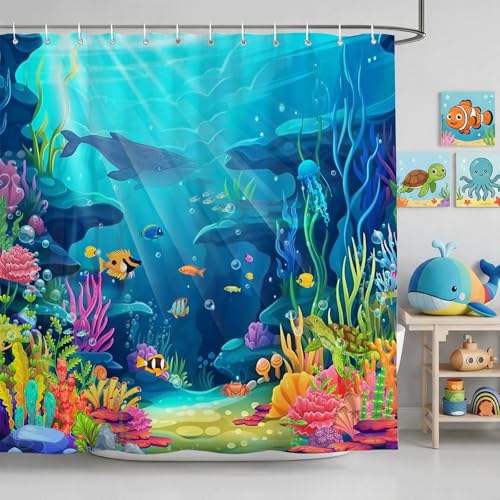 Mocsicka Ocean Shower Curtain for Bathroom Underwater World Kids Shower Curtain with 12 Hooks Summer Tropical Shark Turtle Fish Bath Curtain for Kids Sea Bathroom Decor, 72 x 72 in Waterproof Fabric