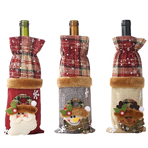 DAJASD Lot de 3 sacs à bouteilles de vin rouge de Noël, sacs de vin réutilisables, pour emballage cadeau de Noël (rouge + gris + beige), Rouge + Gris + Beige, Noël Cover