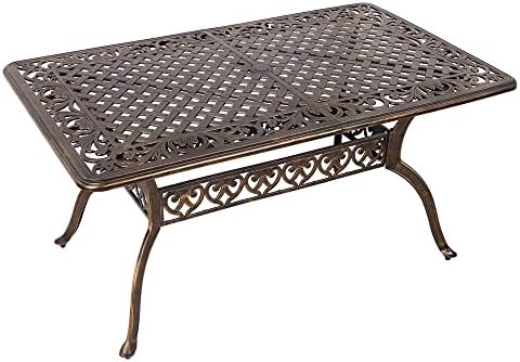 Grepatio Patio Dining Table Outdoor Rectangular Table, Cast Aluminum Weather-Resistant Table with 2" Umbrella Hole for Lawn Backyard Garden