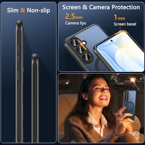 Image of OWKEY for Samsung Galaxy S25 FE Case 6.7'', Magnetic Galaxy S25 FE Case for Magsafe with Tempered Screen Protector [Shockproof Military] Translucent Matte Bumper Phone Cover Samsung S25 FE 5G, Black