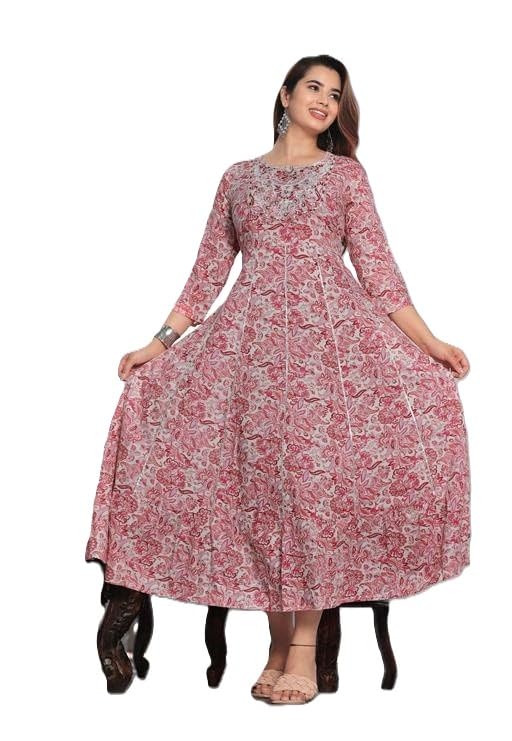 Women's Floral Print Cotton Anarkali Maxi Dress, 3/4 Sleeve, Pink and White-picture-42