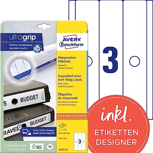 AVERY Zweckform L4757-25 Hängeordner-Etiketten (75 Rückenschilder mit ultragrip, 63x297mm auf A4, breit/lang, absolut blickdicht, selbstklebend, bedruckbare Ordneretiketten) 25 Blatt, weiß, Format 63 x 297 mm