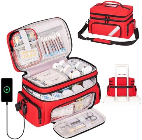 JKAOO Medicine Storage Bag with USB, Double Layout Pill Bottle Organizers,Travel Medicine Bag,Waterproof Empty Medical Bag with Small Portable Pouch,First Aid Bag for Home,Travel,Camping,Nurses (Red)