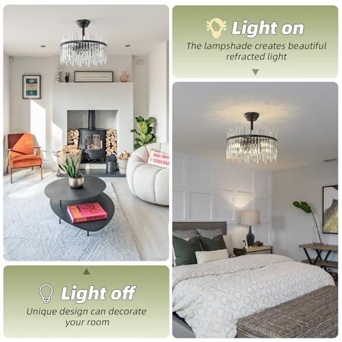Image of Black Fandelier Ceiling Fans with Lights, Crystal Chandelier Ceiling Fan with Light Remote Control, Mid Century with 6 Speeds for Bedroom, Living Room