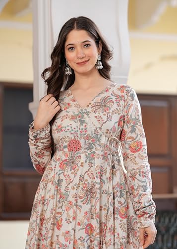 Image of Floral Print Long Anarkali Suit, Full Sleeve V-Neck, Cotton Maxi Length, Beige