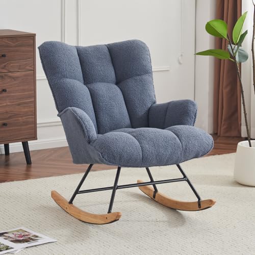 Image of SAETSFEG Nursery Rocking Chair Teddy, Upholstered Glider Rocker with High Backrest, Comfortable Stylish Accent Armchair with Padded Seat for Living Rooms, Bedrooms, Steelblue
