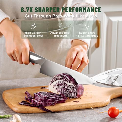 Knife Set, EWFEN 14-Piece Kitchen Knife Set with Block, German Stainless Steel Knives with Built-in Knife Sharpener, Anti-Slip Sharp Knives Set for Kitchen, Dishwasher Safe, Curved Handle by EWFEN - Image 4