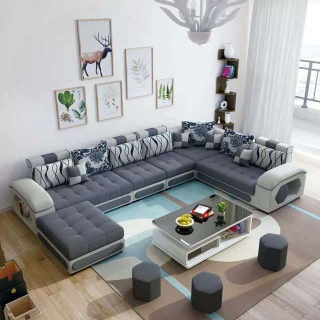 Caradel Orion 9 Seater Sofa Set with Ottoman and 4 Puffy in Dark Grey & Light Grey Color Fabric Sofa Set for Living Room, Couch Sofa for Living Room, Nine Seater Sofa