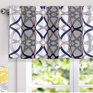 DriftAway Alexander Pattern Match Blackout Valances for Windows 250GSM Geometric Moroccan Mid Century Rod Pocket 52 Inch by 18 Inch Plus 2 Inch Header Navy and Gray 1 Pack