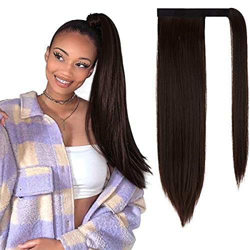 OKHOTY 20 Inch Clip in Ponytail Extension Wrap Around Long Straight Pony Tail Hair Synthetic Hairpiece for Women(20'', Dark Brown)