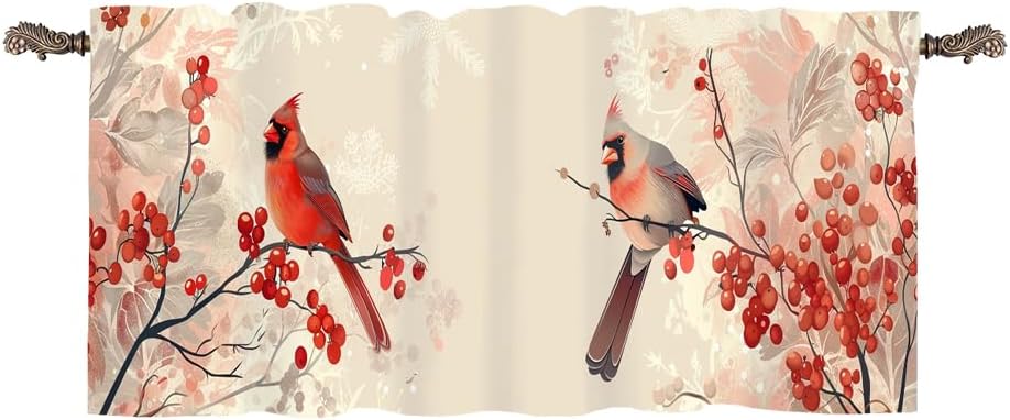 1 Panel Fantasy Red Bird Kitchen Valance Curtains for Windows, Romantic Floral Tree Plant Window Treatment Rod Pocket Drapes Valances for Bathroom, 54" X 18"
