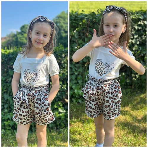Image of Arshiner Toddler Girls 3 Piece Outfit Set Puff Sleeve Square Neck Top with Shorts and Matching Headband Summer Clothes 2T-8Y