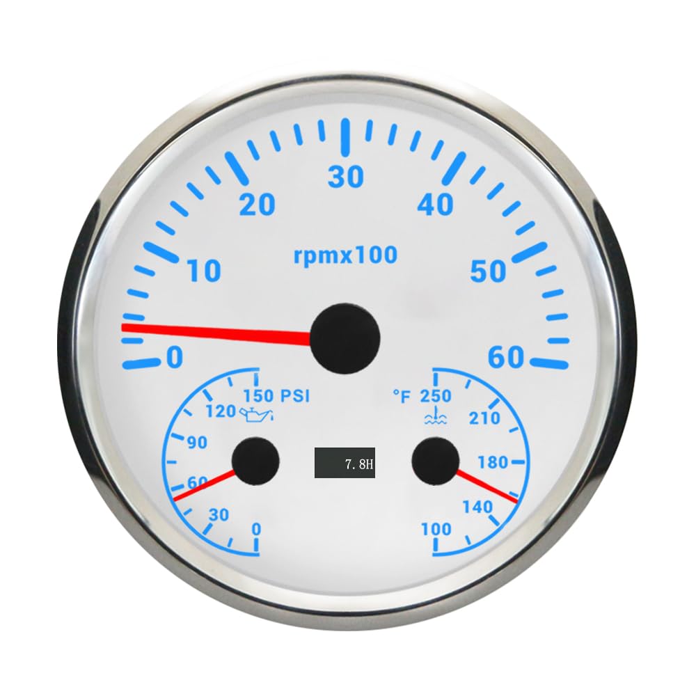 110mm Motor 3 in 1 Gauge RPM Tachometer REV Counter Hourmeter Oil Pressure 0-150PSI Water Temp 100-250°F with Adjustable Backlights 12V for Car Motorcycle Boat Yacht (Black&Black, 0-8000 RPM)
