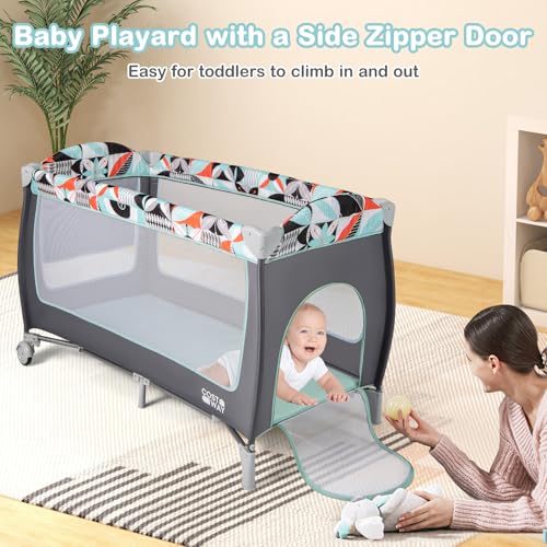 COSTWAY 4 in 1 Foldable Travel Cot, Portable Baby Bed Playard with Bassinet, Changing Table, Canopy, Music Box, Wheels, Carry Bag, Storage Rack, Nursery Center for Newborn Toddlers (Dark Gray+Floral) 4 COSTWAY 4 in 1 Foldable Travel Cot, Portable Baby Bed Playard with Bassinet, Changing Table, Canopy, Music Box, Wheels, Carry Bag, Storage Rack, Nursery Center for Newborn Toddlers (Dark Gray+Floral) - Image 4