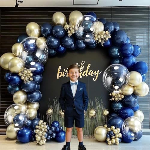 Image of Royal Blue Gold Balloon Arch Double Stuffed Latex Bobo Pearl Gold Balloon Garland Navy Ruby Blue Balloons for Birthday Baby Shower Graduation Wedding Prom Business Opening Party Decor