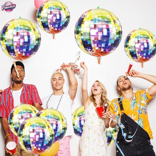 Image of 6pcs 22 Inch Multicolor Disco Ball Balloons, Rainbow Big Disco Balloons, Pink 4d Large Foil Aluminum Balloon For Birthday Baby Shower 70s 80s 90s Theme Party Wedding Engagement Graduation Festival