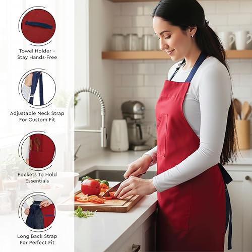 Image of Encasa XO 100% Cotton Apron Set for Women & Men with Adjustable Apron, Oven Gloves & Pot Holder (Pack of 3) Combo, Heat-Resistant, Soft & Durable for Cooking, Baking & Grilling (Red)