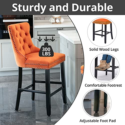 I-Pook Counter Height Bar Stools Set Of 2, Velvet Upholstered Barstools With Button Tufted, Nailheads Trim And Solid Wood Legs, Full Back Bar Chairs For Kitchen Island Dining Room Pub Cafe, Orange #TOP4