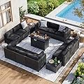 Aoxun 15 Piece Patio Furniture Set with 44” Fire Pit Table Wicker Rattan Patio Sectional Sofa Set Outdoor Seating Furniture with Thickened Cushion, Black