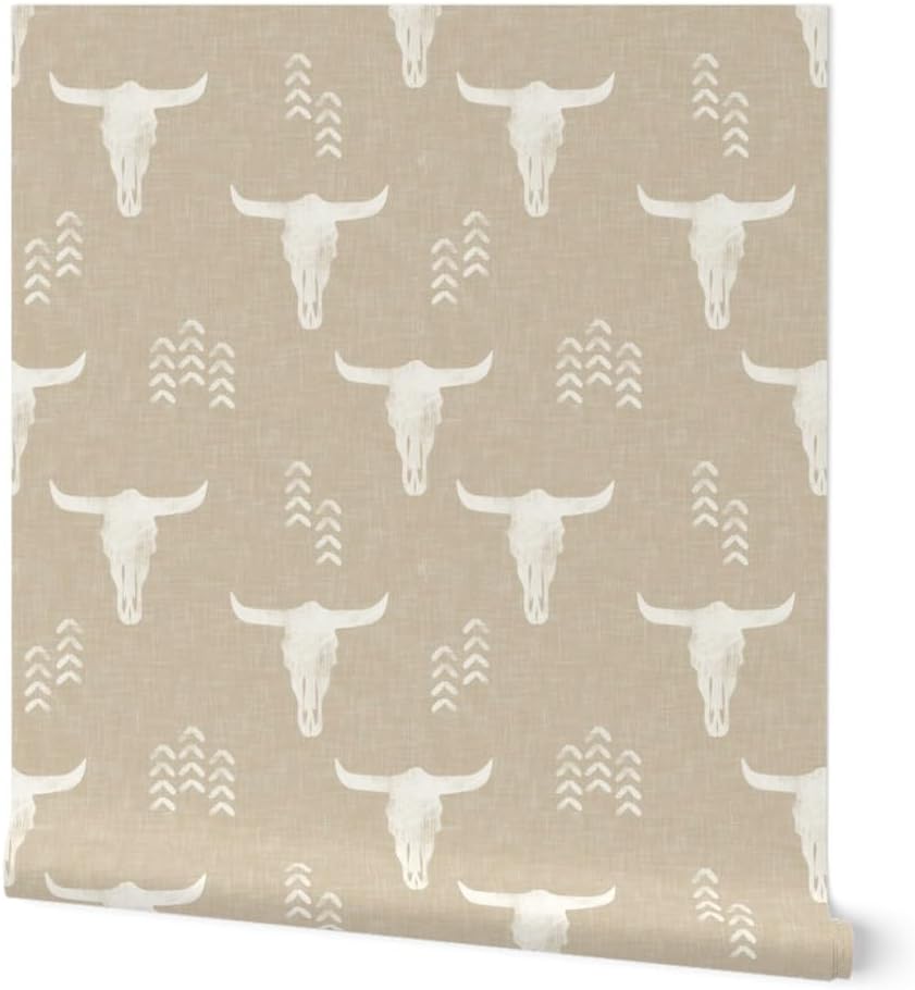 Peel & Stick Wallpaper Swatch - Southwestern Boho Cow Skull Neutral Bohemian Desert Sand Beige Cream Custom Removable Wallpaper by Spoonflower