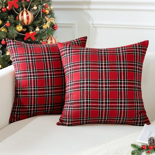 JOTOM Funda de Cojín Cuadros Navidad 50x50 cm Lino Tartán Fundas de Almohada Decorativas para Casa Sofá Coche Juego de 2