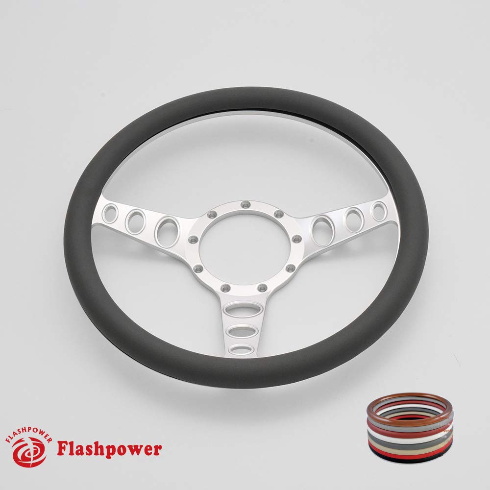 Flashpower 14'' Billet Half Wrap 9 Bolts Steering Wheel with 2'' Dish and Horn Button(Dark Grey)