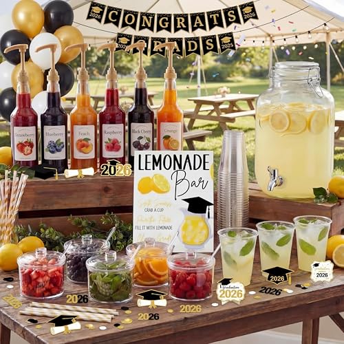 Jingmore 43 Pcs 2026 Graduation Freshly Lemonade Stand Complete Accessories Kit Lemon Bar Sign Class of 2026 Jar Drink Station Glass Beverage Dispenser Plastic Cup Jam Pump Head Party Decorations