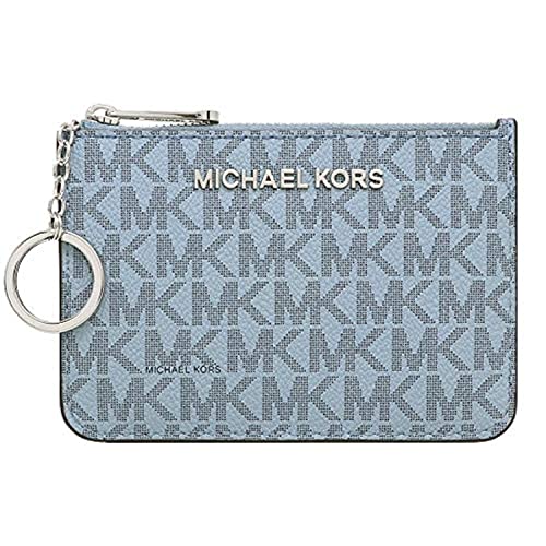 Michael Kors ジェットセット トラベル スモール トップ ジップ コインポーチ IDホルダー付き - PVCコーティングツイル(ペールブルー/ネイビー), ブルー, ミニマリスト。