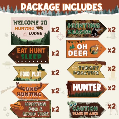Image of Hooqict 20 Pieces Hunting Party Decorations Hunting Themed Party Directional Signs for Camo Deer Birthday Party Decorations Welcome to Camouflage Party Supplies for Boys Men