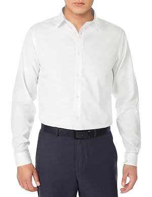 Calvin Klein Mens Slim Fit Non-Iron Herringbone Point Collar Dress Shirt and Silver Spun Solid Tie White Navy