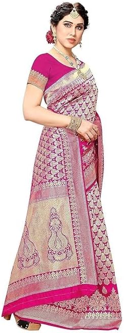 Women's Banarasi Kanjivaram Art Silk Saree with Blouse Material, Pink, Traditional Style