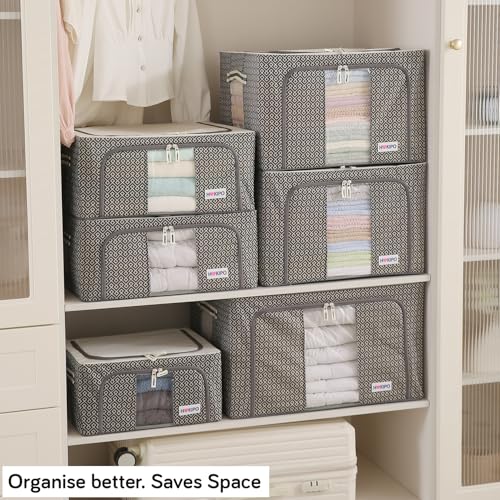 Image of HOKIPO Wardrobe Organizer Storage Box | Foldable Cloth Storage Boxes with Metal Frame & Window | 600D Oxford Fabric | 24L, Pack of 2 Charcoal Grey (AR-5927-CGRY*2)