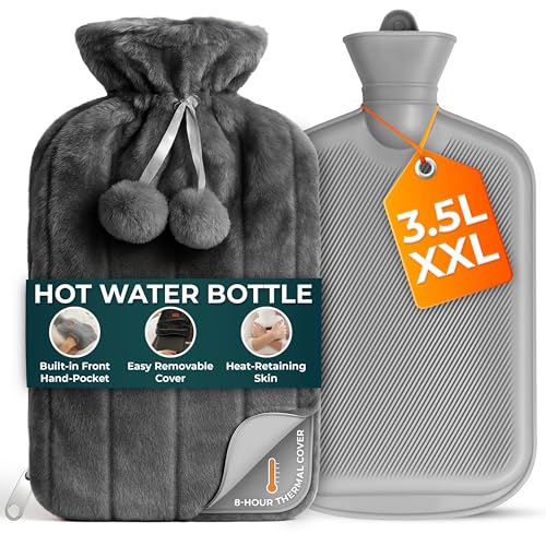 Bolsa de Agua Caliente Grande de 3,5L con Cremallera y Bolsillo para las Manos - Cubierta de Piel Sintética Gris para Alivio del Dolor - Bolsa Agua Caliente Suave y Lavable (1 Unidad)