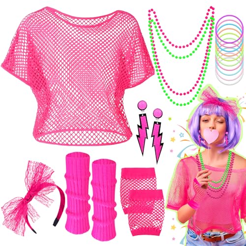 Shepinsky 80s Fancy Dress for Women,1980s Fancy Party Costumes Accessories Set,80s Outfits Neon Mesh T-Shirt,Leg Warmers Fishnet Gloves Headband Earrings Bracelets Necklaces for Retro Party Dress up