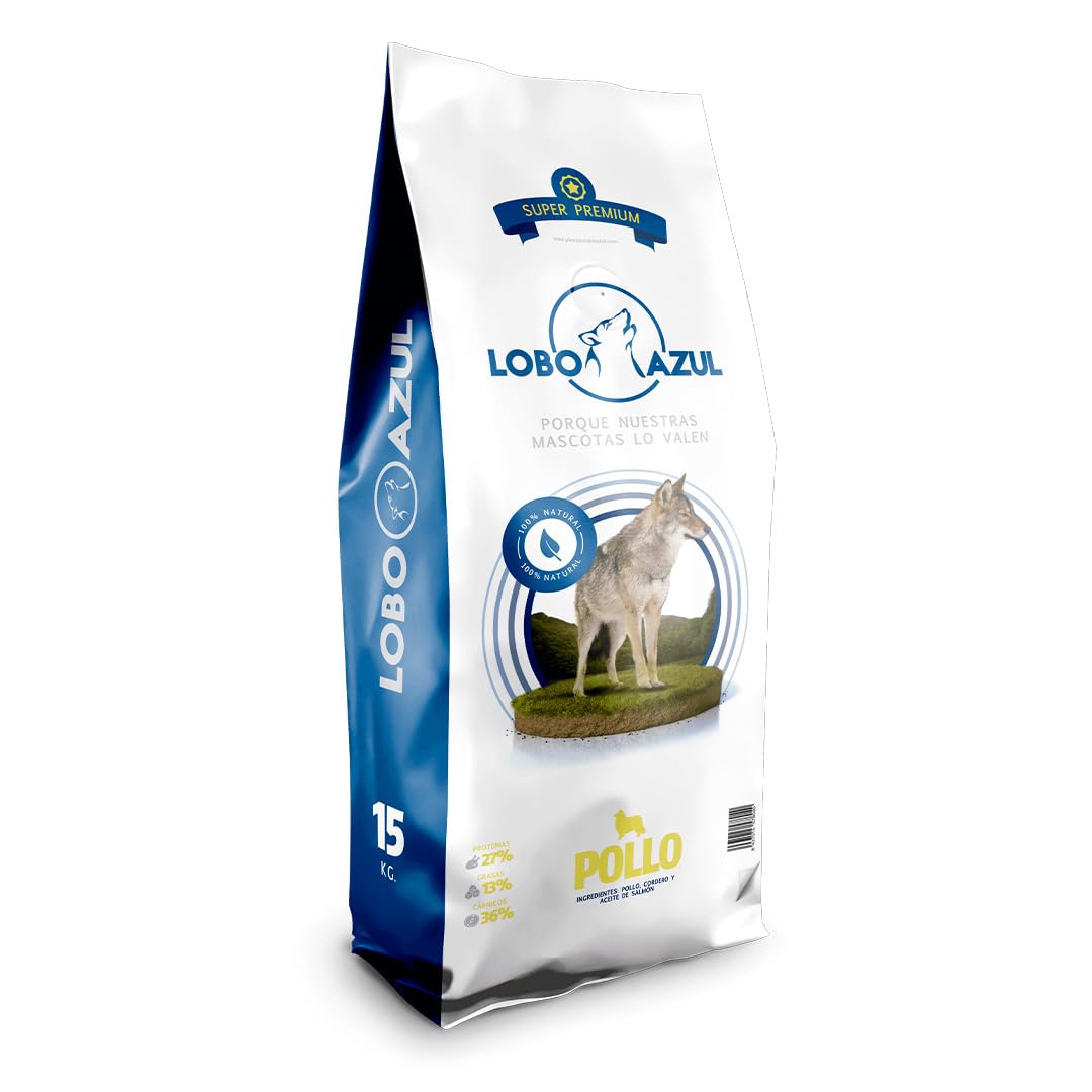 Pollo - Pienso Natural para Perros - Comida Baja en Calorías y Alta en Proteínas - Alimento Completo y Equilibrado para Perros Adultos - 15kg - Lobo Azul Super Premium