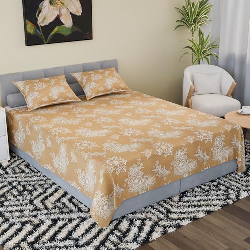 Image of Kuber Industries Cotton 180 TC Double Bedsheet With 2 Pillow Covers | Machine Washable Soft Bedsheet For Living Room, Home & Hotels | Lotus Fabio Print - Golden & White
