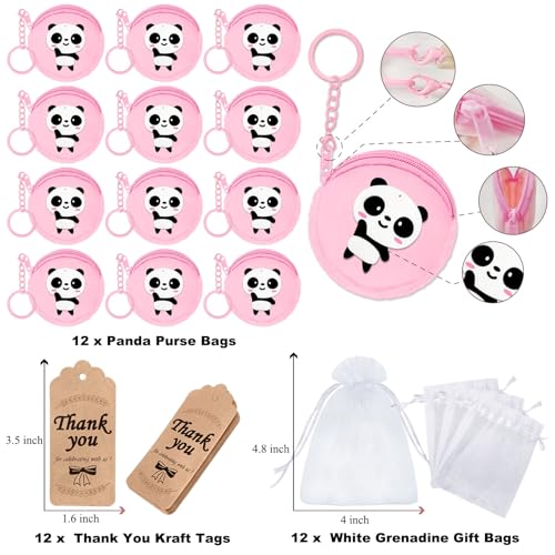 36 Pack Panda Change Purses Set Include 12 Wallets with Keyring,12 Thank You Tags and 12 Organza Bags for Panda Lover, Panda Themed Jungle Safari Animals Birthday Party,Pink2