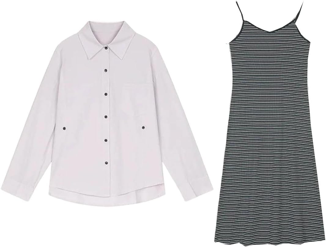 Women Spring Long Sleeve Stripe Dress Two Piece Suit Set